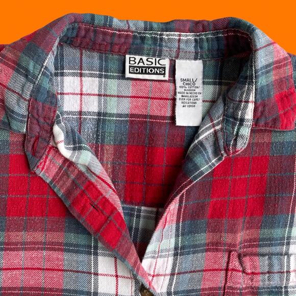 90's vintage flannel plaid 100% cotton collared button up blouse SMALL - Picture 4 of 7